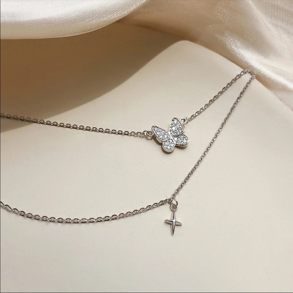 🌟 Sterling Silver Double Layer Butterfly Necklace
